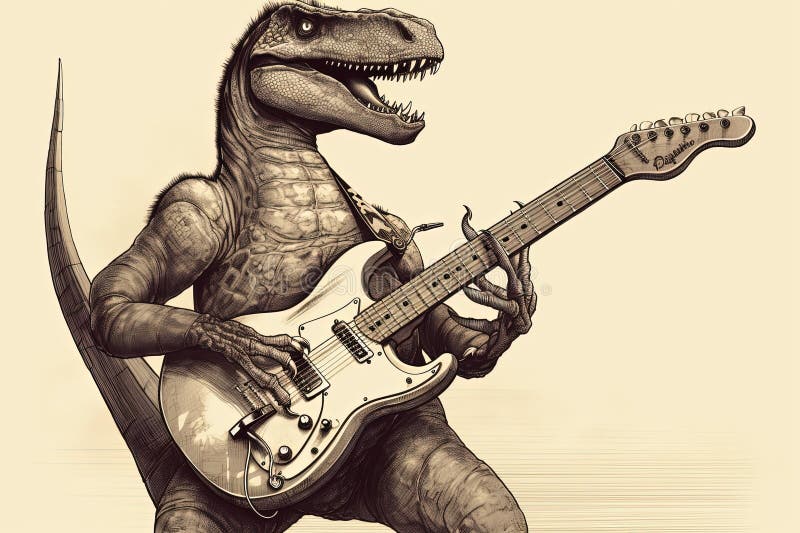 Dinosaur Playing Rock Music On Electric Bass Guitar Generative AI dinosaur-playing-rock-music-on-electric-bass-guitar-generative-ai
