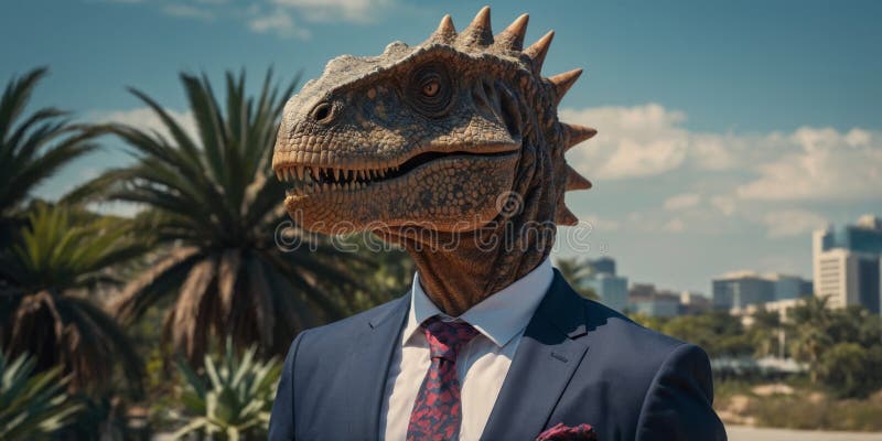 A dinosaur in a sharp business suit presents an imaginative merger of prehistoric fierceness with corporate finesse stock illustration