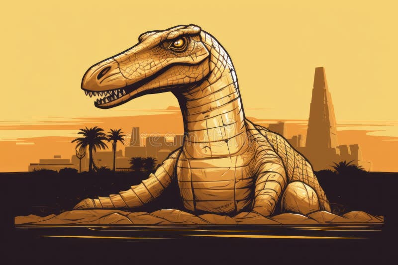 Un sfinx dinozaur în fața unei piramide egiptene la apus de soare. imagine generativă ai. vector illustration