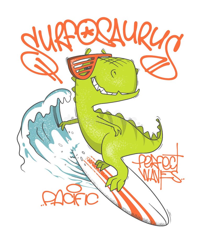 Dinosaur surfer ride the wave, on surfboard. Vector illustration. vector illustration