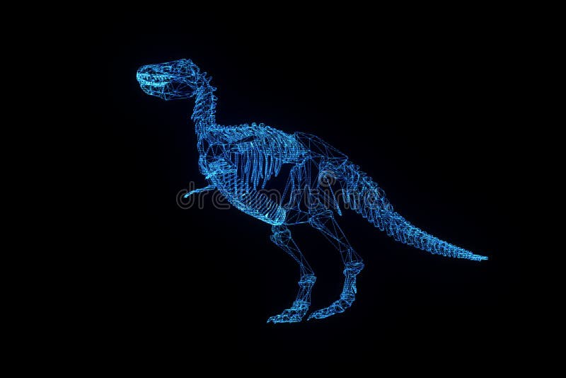 Dinosaur TRex Skeleton in Hologram Wireframe Style. Nice 3D Rendering stock illustration