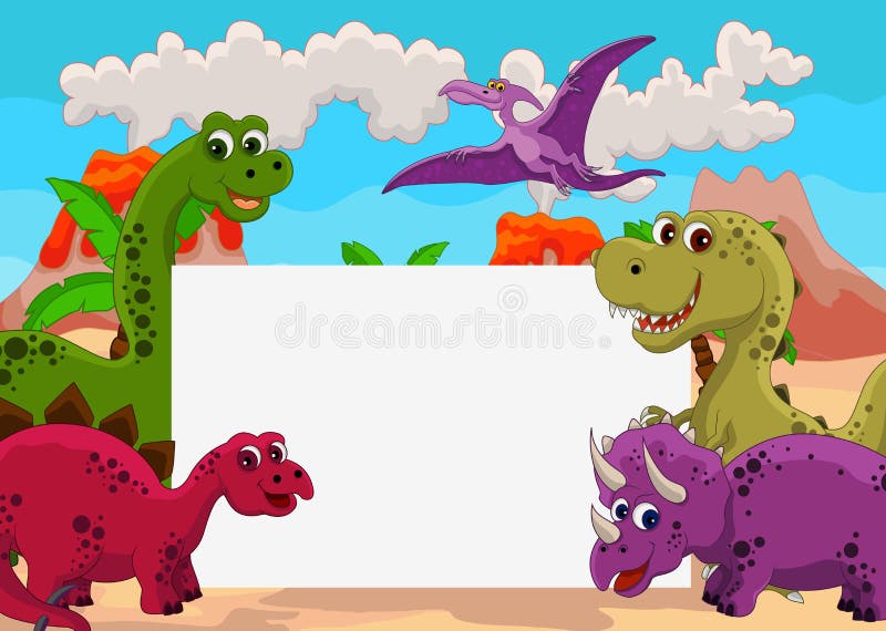 Vector illustration of funny dinosaur cartoon with blank sign. Vector illustration of funny dinosaur cartoon with blank sign