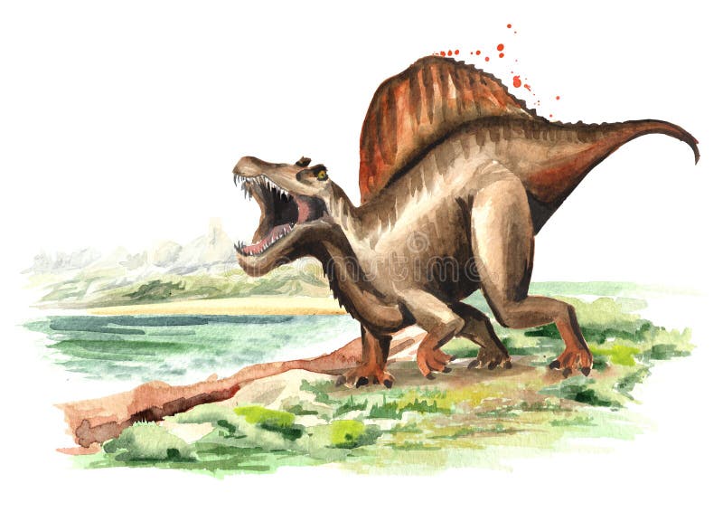 Dinosaure de Spinosaurus dans le paysage préhistorique Illustration tirée par la main d'aquarelle, d'isolement sur le fond blanc illustration libre de droits Dinosaure de Spinosaurus dans le paysage préhistorique Illustration tirée par la main d'aquarelle, d'isolement sur le fond blanc illustration libre de droits