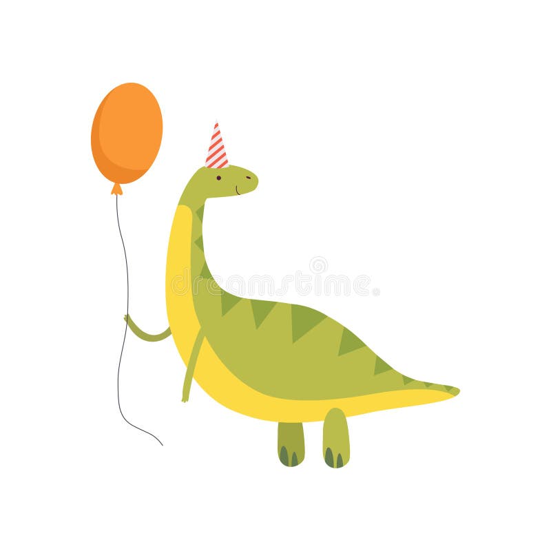 Dinosaure mignon dans le chapeau de partie avec le ballon rouge, Dino Character vert drôle, vecteur d'élément de conception de illustration de vecteur Dinosaure mignon dans le chapeau de partie avec le ballon rouge, Dino Character vert drôle, vecteur d'élément de conception de illustration de vecteur