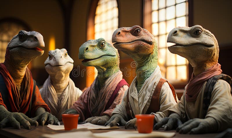 Group of dinosaurs gathered around a table, sitting and possibly interacting. Group of dinosaurs gathered around a table, sitting and possibly interacting.