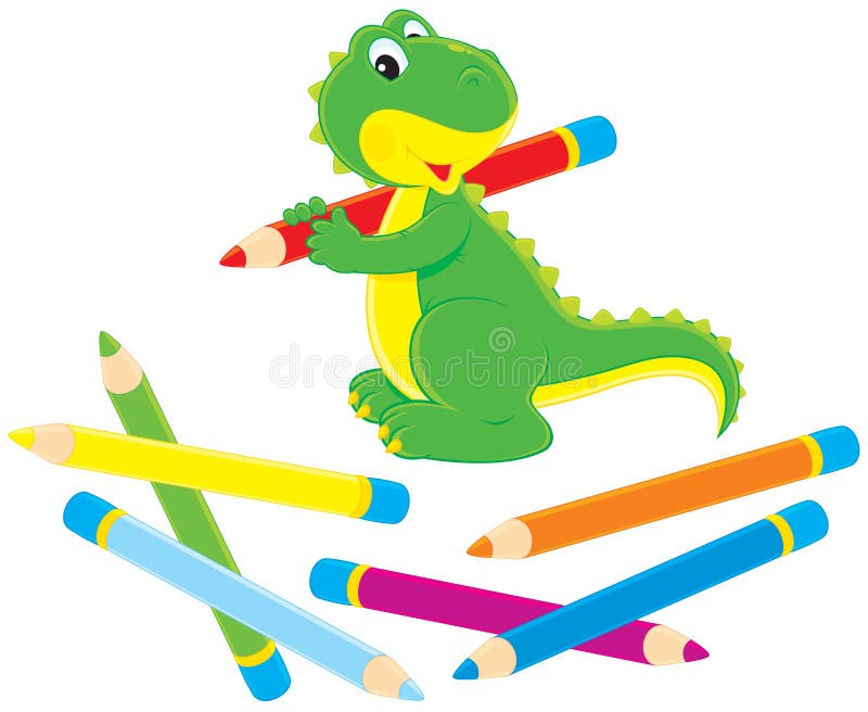 Dinosaurio verde con los lápices del color stock de ilustración Dinosaurio verde con los lápices del color stock de ilustración