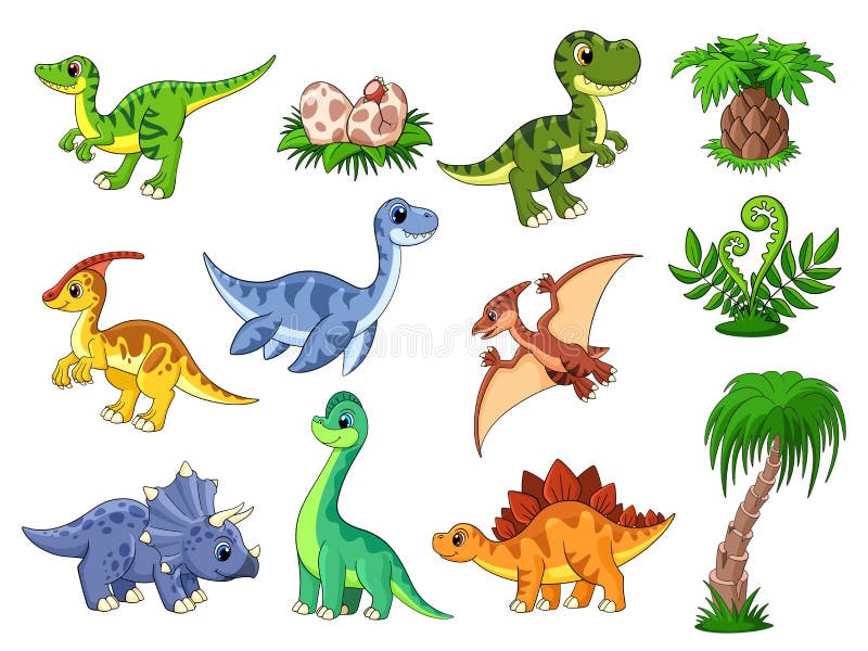 Dinosaurios De Dibujos Animados. Lindos Dinosaurio Dino Y Palmera.  Caracteres De Color De La Vida Silvestre Prehistórico Predator. Ilustración  del Vector - Ilustración de vivero, dino: 230756592