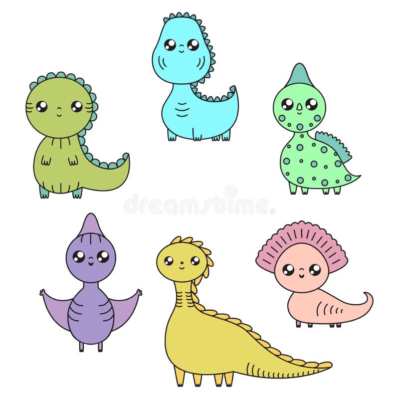  Dinosaurios De Kawaii Fijados Personajes De Dibujos Animados Ilustración del Vector