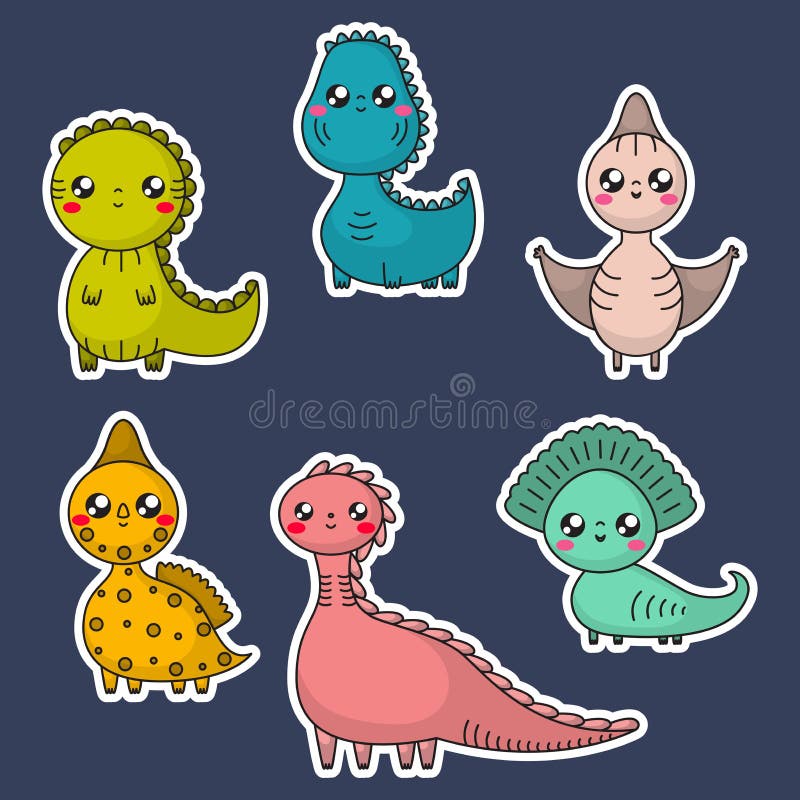  Dinosaurios De Kawaii Fijados Personajes De Dibujos Animados Ilustración del Vector