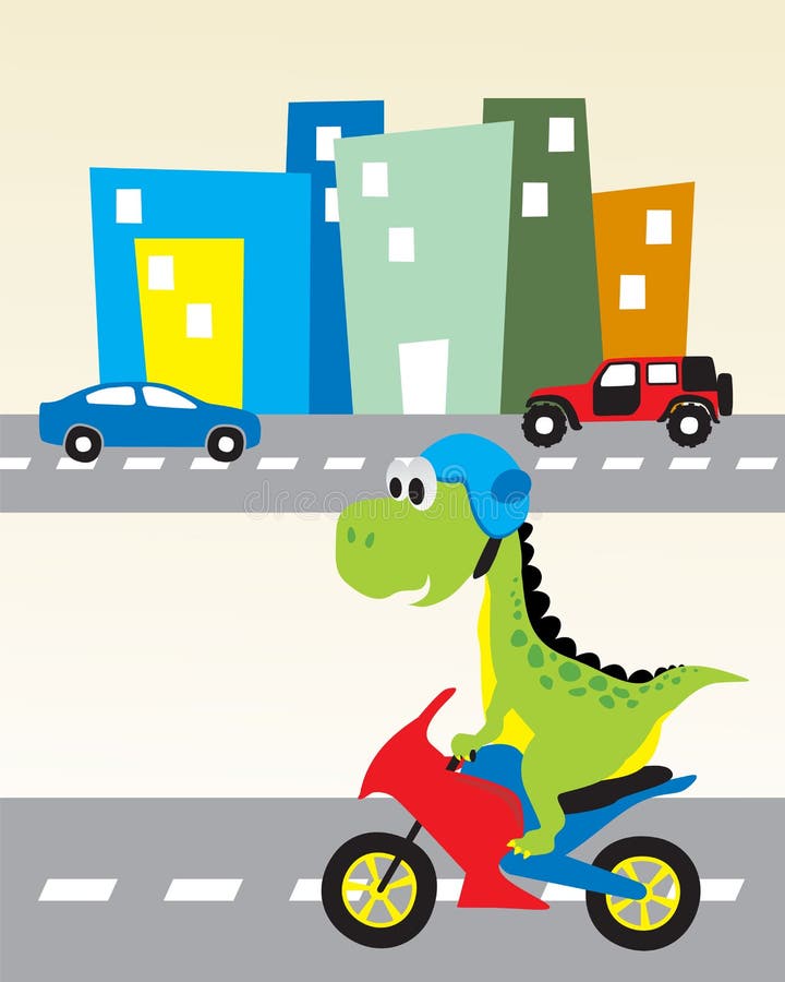 Dinosaurios Dibujos Animados Personajes Montar Transporte Vector  Ilustración. Dino Ciudad Con Animales Infantiles Calle Tráfico Di  Ilustración del Vector - Ilustración de cartel, monstruo: 213407885
