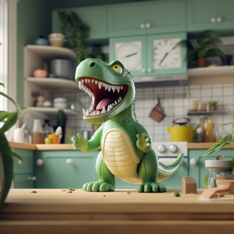 a playful and emotionally charged digital art design of a t-rex dinosaur rendered in 3d. this illustration, inspired by the style of bill gekas, features a kitchen still life with vibrant green elements. the cartoon violence adds a unique twist to the storytelling, while the use of vray tracing creates visually stunning scenes. ai generated. a playful and emotionally charged digital art design of a t-rex dinosaur rendered in 3d. this illustration, inspired by the style of bill gekas, features a kitchen still life with vibrant green elements. the cartoon violence adds a unique twist to the storytelling, while the use of vray tracing creates visually stunning scenes. ai generated