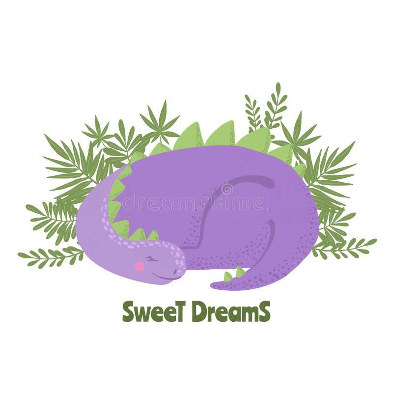 Dinosauro porpora sveglio di sonno con le foglie verdi illustrazione di stock