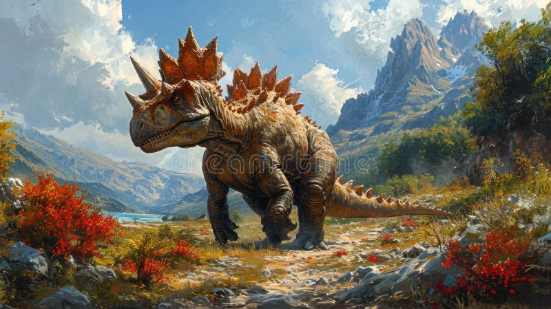 Dinosauro stegosauro in uno stile bizzarro e colorato. nell'habitat naturale. parco giudiziario. fotografie stock