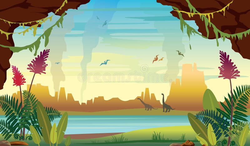 Nature Landscape with Prehistoric Dinosaurs Stock Vector - Illustration of  pterodactyloidea, current: 134138579