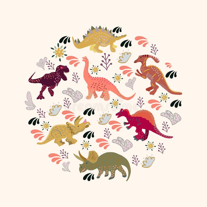 Dinosaurs Round Flat Hand Drawn Composition. Stock Vector ...