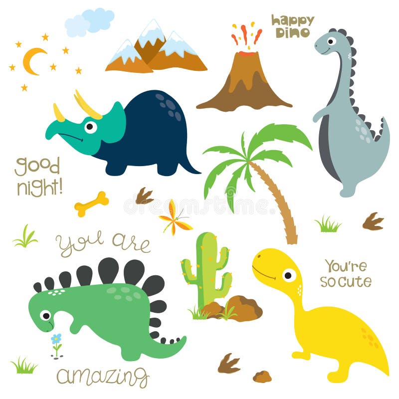 Dinosaurusvoetafdruk, Vulkaan, Palm, Stenen, Been en Cactus vector illustratie Dinosaurusvoetafdruk, Vulkaan, Palm, Stenen, Been en Cactus vector illustratie