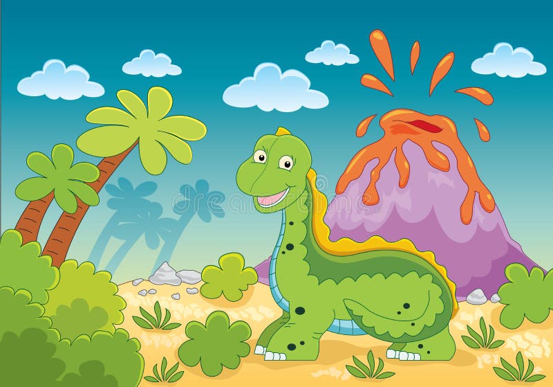 Um dinossauro em uma ilha com um vulcão desenhos animados bonitos lindos dinossauros  antigos lagartos de sangue frio em estilo de desenho animado para crianças  ilustração em vetor