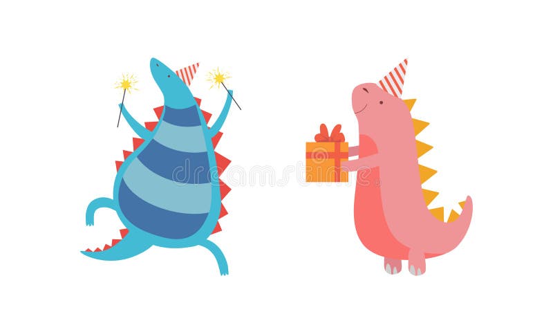 Dinossauros Bonitos Do Bebê Em Chapéus De Festa Que Dão O Jogo Dos  Presentes, Caráteres Engraçados Adoráveis Do Dinossauro Que Guardam Caixas  De Presente, Animais Felizes Que Celebram A Ilustração Do Vetor