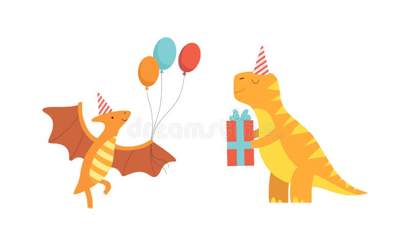 Dinossauros Bonitos Do Bebê Em Chapéus De Festa Que Dão O Jogo Dos  Presentes, Caráteres Engraçados Adoráveis Do Dinossauro Que Guardam Caixas  De Presente, Animais Felizes Que Celebram A Ilustração Do Vetor