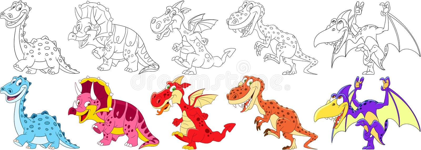 Conjunto Dinossauro Verde Desenho Animado Personagem Ilustração imagem  vetorial de interactimages© 489338542