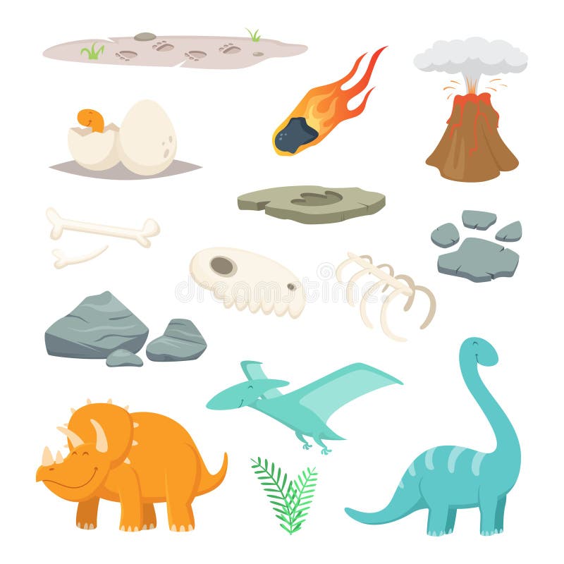 Dinossauros, pedras e outros símbolos diferentes do período pré-histórico ilustração stock Dinossauros, pedras e outros símbolos diferentes do período pré-histórico ilustração stock