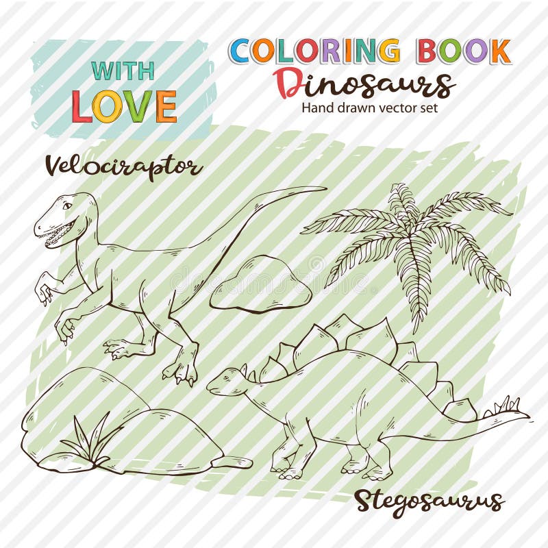 Dinossauros Velociraptor e Stegosaurus do vetor do livro para colorir, ilustração do vetor Dinossauros Velociraptor e Stegosaurus do vetor do livro para colorir, ilustração do vetor