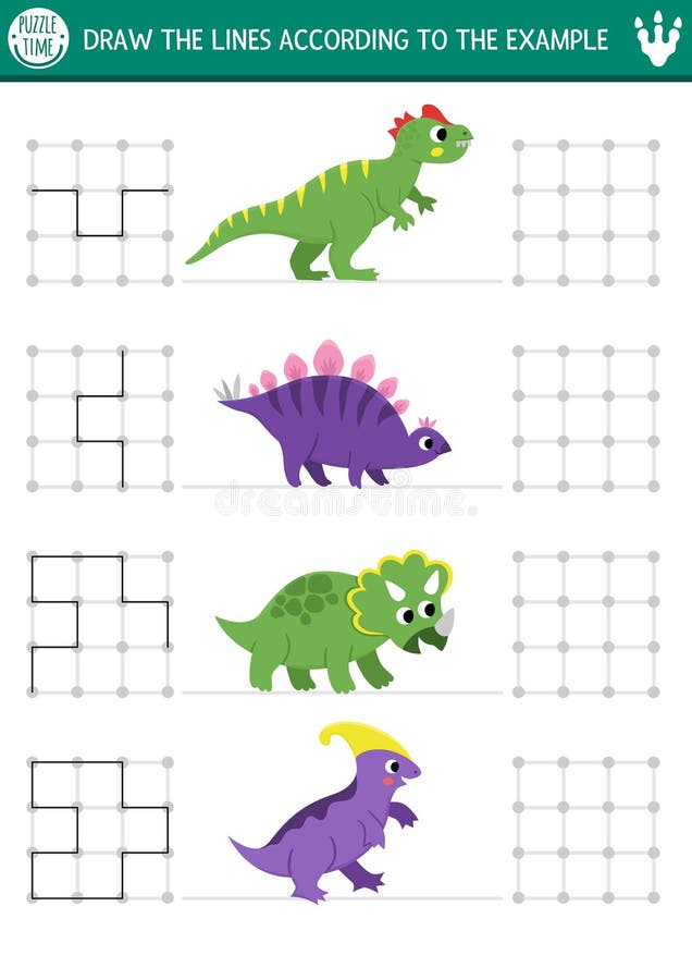 Dinozaur rysuje pisanie namierzanie orientacji przestrzennej dla dzieci ze starożytnymi zwierzętami. narysuj linie w prostokącie ilustracji