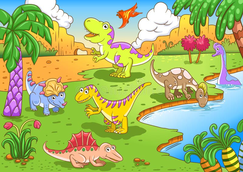 Dinozauri drăguți în scena preistorică stock illustration