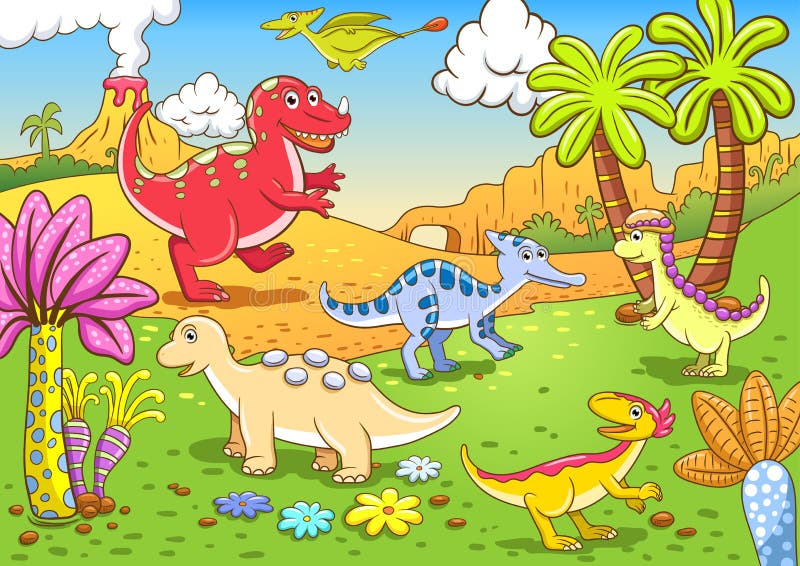Dinozauri drăguți în scena preistorică stock illustration