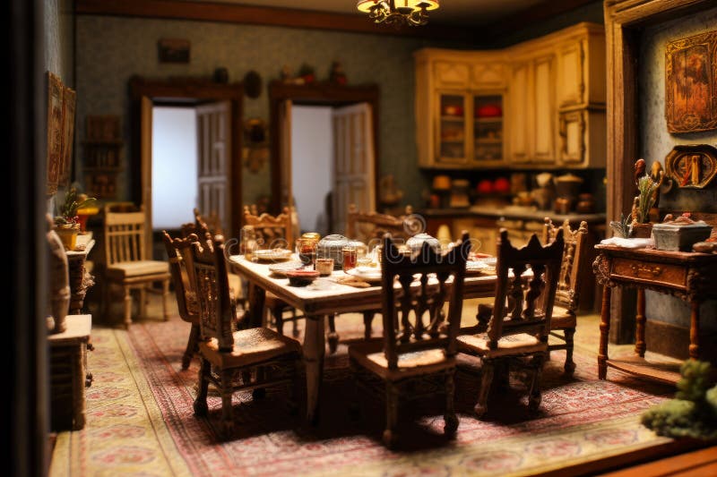 Diorama of a dining room with a table with many chairs in the middle. Created with Generative AI vector illustration