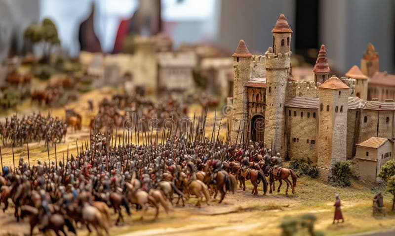 Diorama medievală a scenei de luptă cu soldații castelului și peisajul detaliat royalty free stock photography
