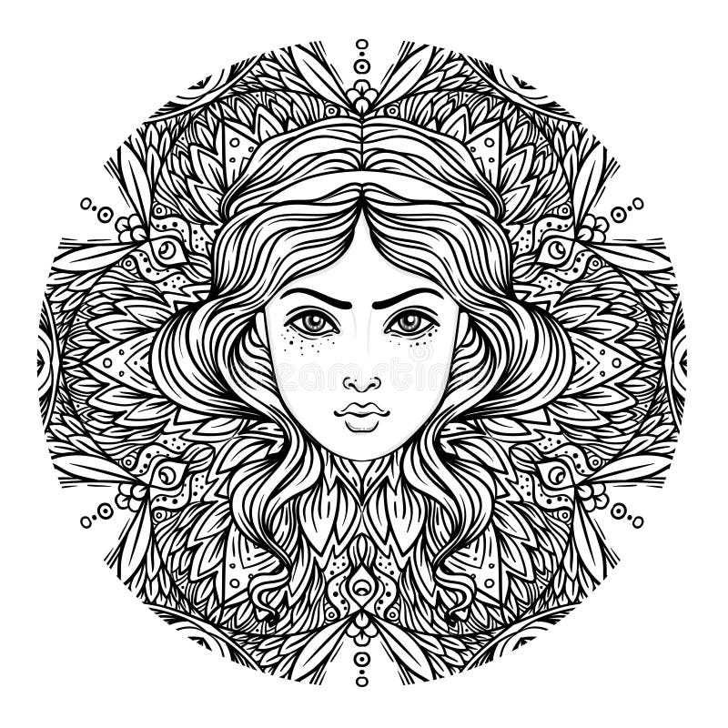 Diosa divina Muchacha blanco y negro sobre la muestra sagrada de la geometría, ejemplo aislado Bosquejo del tatuaje Símbolo místi ilustración del vector Diosa divina Muchacha blanco y negro sobre la muestra sagrada de la geometría, ejemplo aislado Bosquejo del tatuaje Símbolo místi ilustración del vector