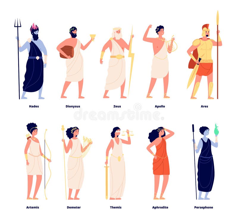 Dioses griegos. colección de diosas de mitología. olímpicos de dibujos animados zeus aphrodite dionysus. caracteres de estilo de c