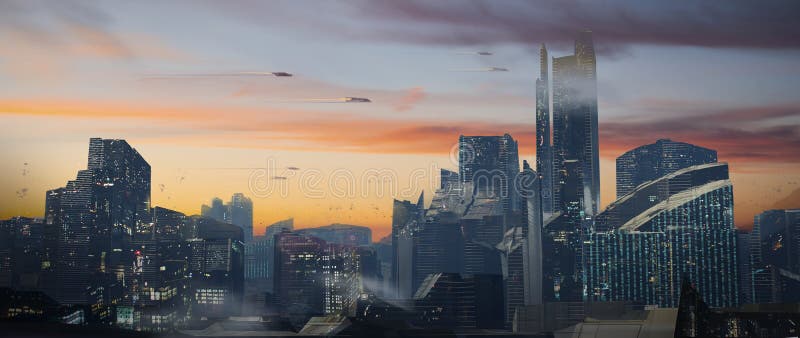 Dipinto digitale di una futuristica città di fantasia delle scienze con auto volanti contro un bel tramonto di fantascienza digita royalty illustrazione gratis