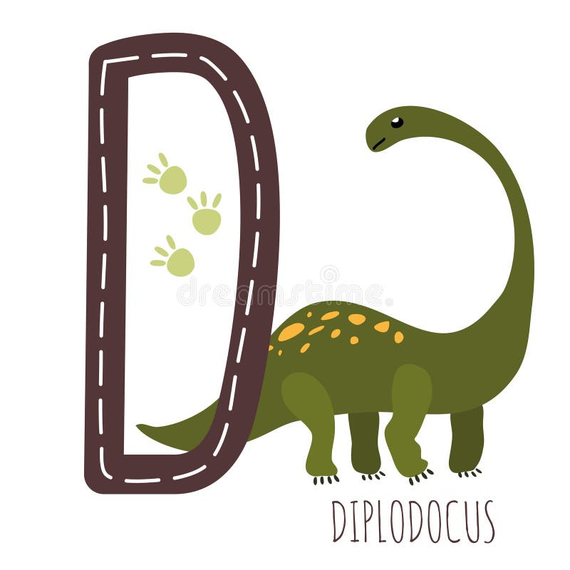 Diplodocus. Letter D with reptile name. Hand drawn cute herbivores dinosaur. Educational prehistoric illustration. Dino alphabet. royalty free illustration