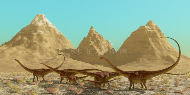 A herd of Diplodocus dinosaurs cross a desert on their annual migration to a warmer region. A herd of Diplodocus dinosaurs cross a desert on their annual migration to a warmer region.