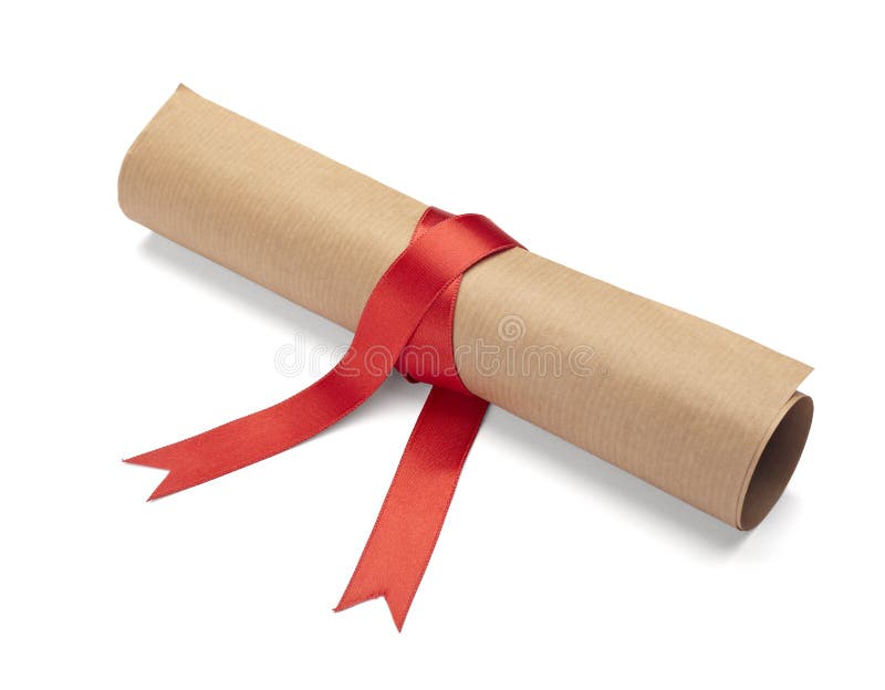 Close up of a diploma with red ribbon on white background with clipping path