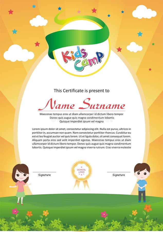 Diploma adorável do acampamento de verão das crianças ilustração stock Diploma adorável do acampamento de verão das crianças ilustração stock
