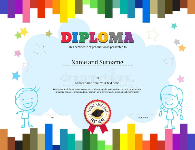 Modelo de diploma ou certificado infantil com fundo de riscas coloridas ilustração do vetor