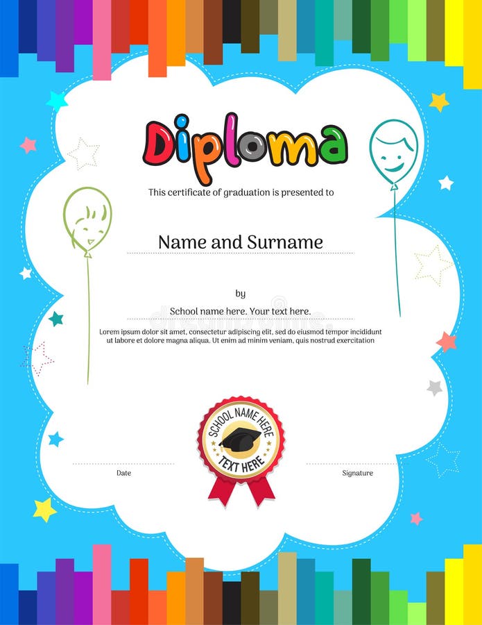 Diploma das crianças ou molde do certificado com backgr colorido da listra ilustração royalty free