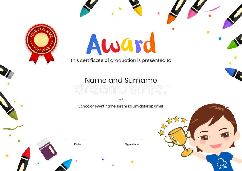 Diploma das crianças ou molde do certificado com beira do material da pintura ilustração royalty free