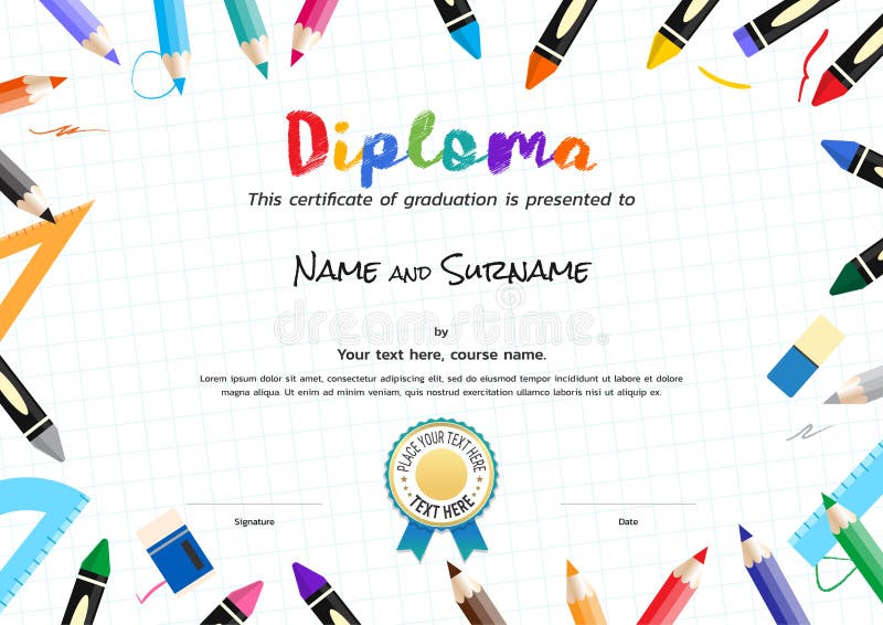 Modelo de diploma ou certificado infantil com borda de materiais de pintura ilustração stock