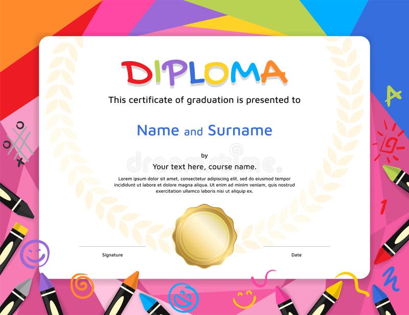 Diploma das crianças ou molde do certificado com fundo colorido ilustração royalty free