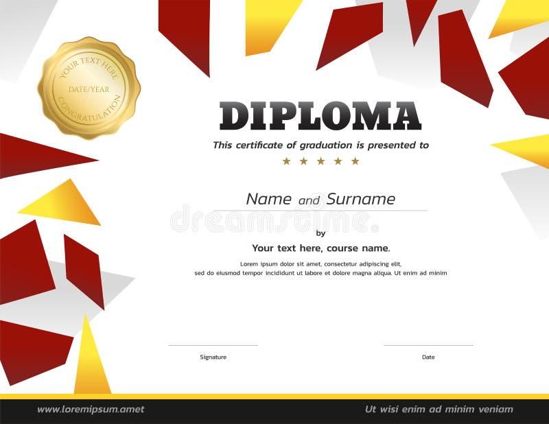 Diploma das crianças ou molde do certificado com selo do ouro ilustração stock