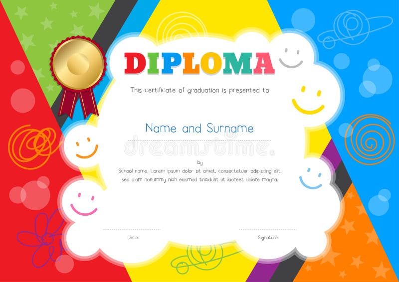 Diploma das crianças ou molde do certificado com tração colorida e da mão ilustração stock