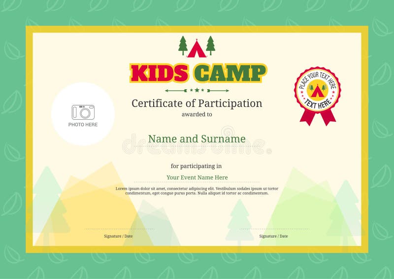 Diploma do acampamento de verão das crianças ou molde do certificado com b colorido ilustração do vetor Diploma do acampamento de verão das crianças ou molde do certificado com b colorido ilustração do vetor