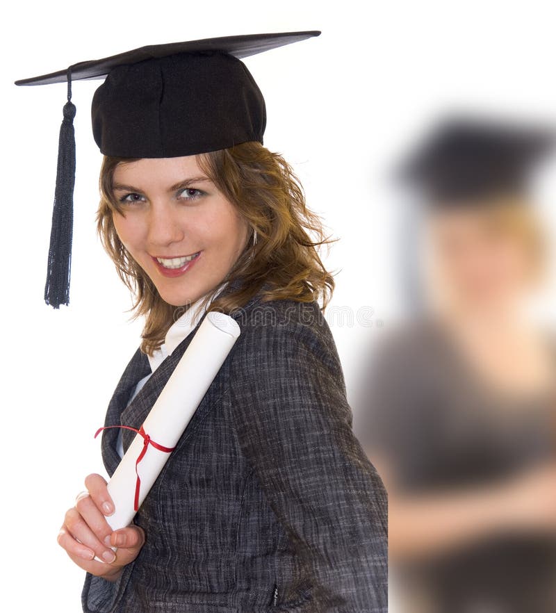 Young woman with graduation diploma and graduation hat, second graduate studend blurry in background. Young woman with graduation diploma and graduation hat, second graduate studend blurry in background