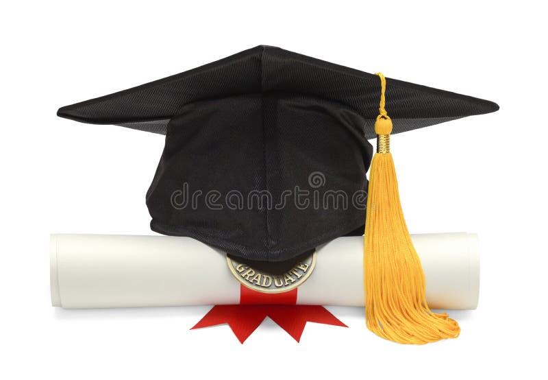 Graduation Hat and Diploma Front View Isolated on White Background. Graduation Hat and Diploma Front View Isolated on White Background.