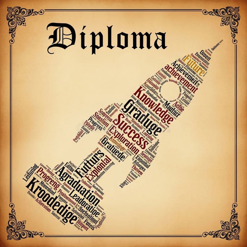 Diploma features a word cloud shaped like a rocket on an aged paper vector illustration
