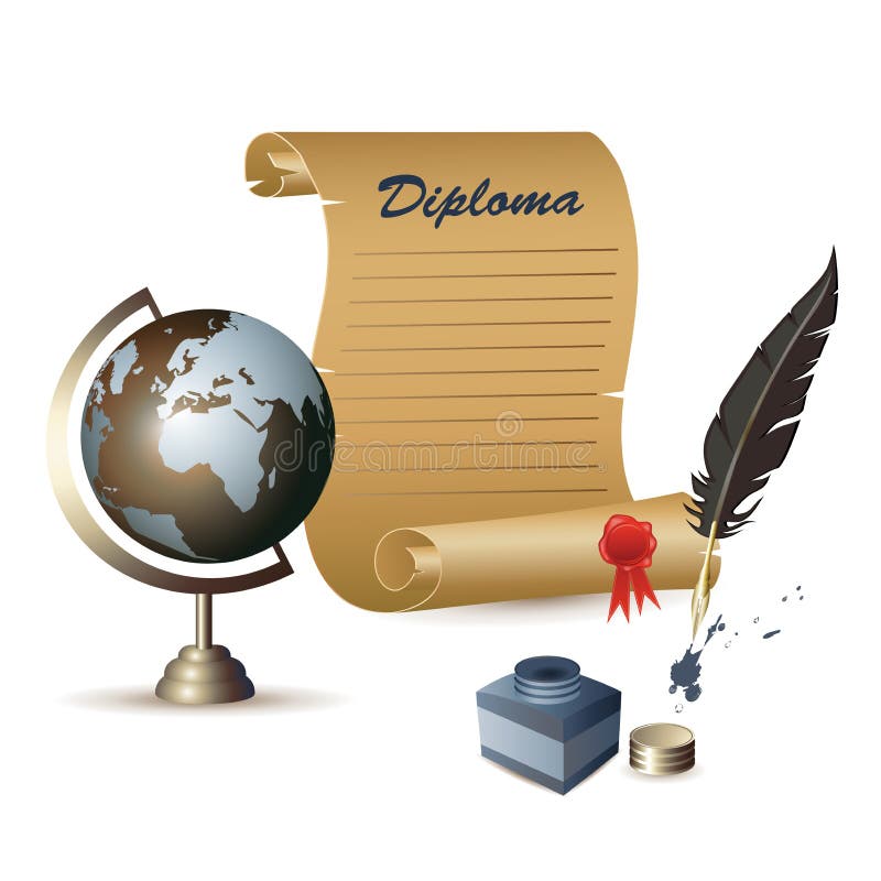 Diploma, globe, ink pot and a feather
